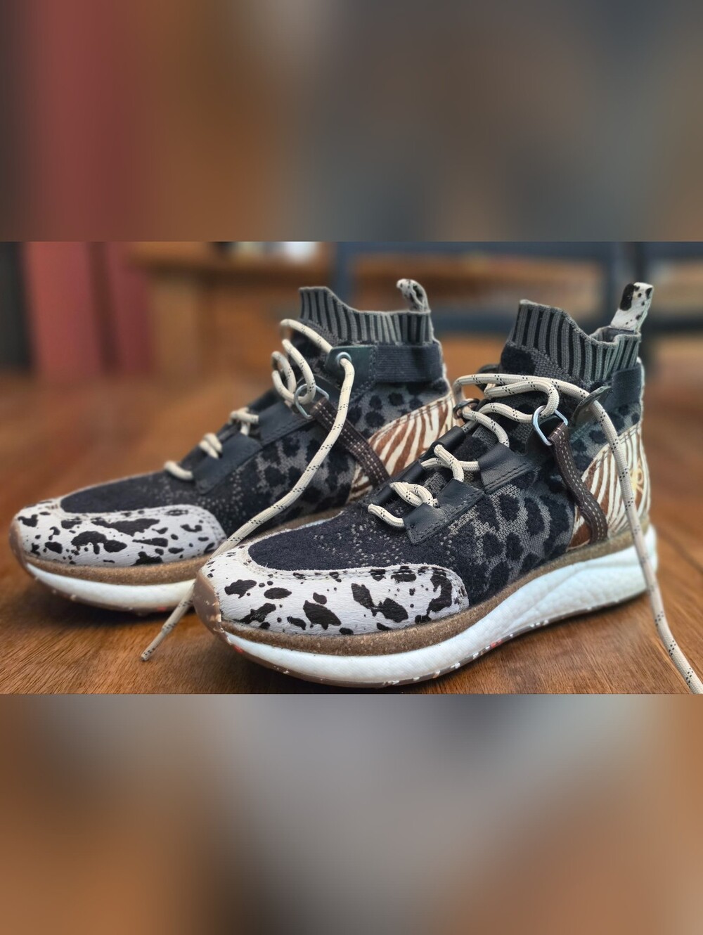 OTBT Animal Print Knit Lace-Up Sneakers in Black, White & Brown